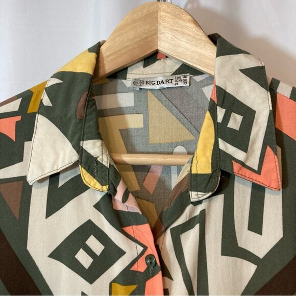 ❤️5/$25 SALE Big Dart Brown Orange Yellow Abstract Button Long Sleeve Blouse Top - Picture 2 of 9